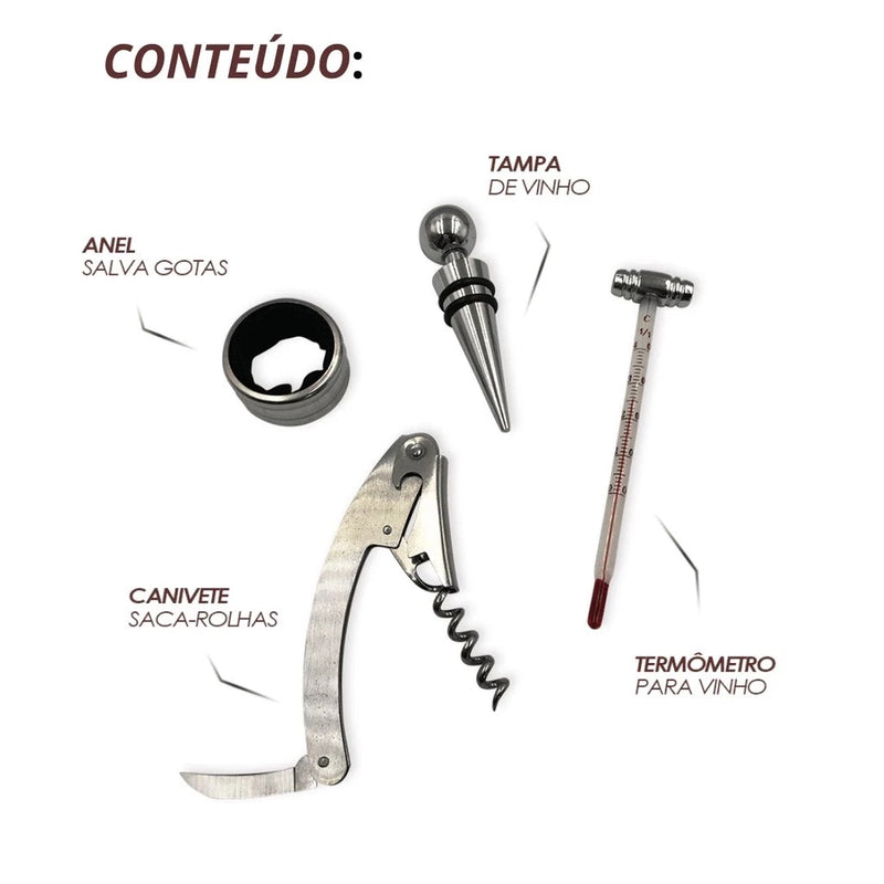 Kit Abridor De Vinho 4 Peças E Jogo Xadrez De Madeira