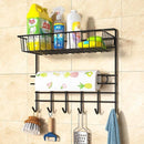 Suporte Prateleira Porta Tempero Organizador Aramado Multiuso com 6 Ganchos + Porta Papel Toalha